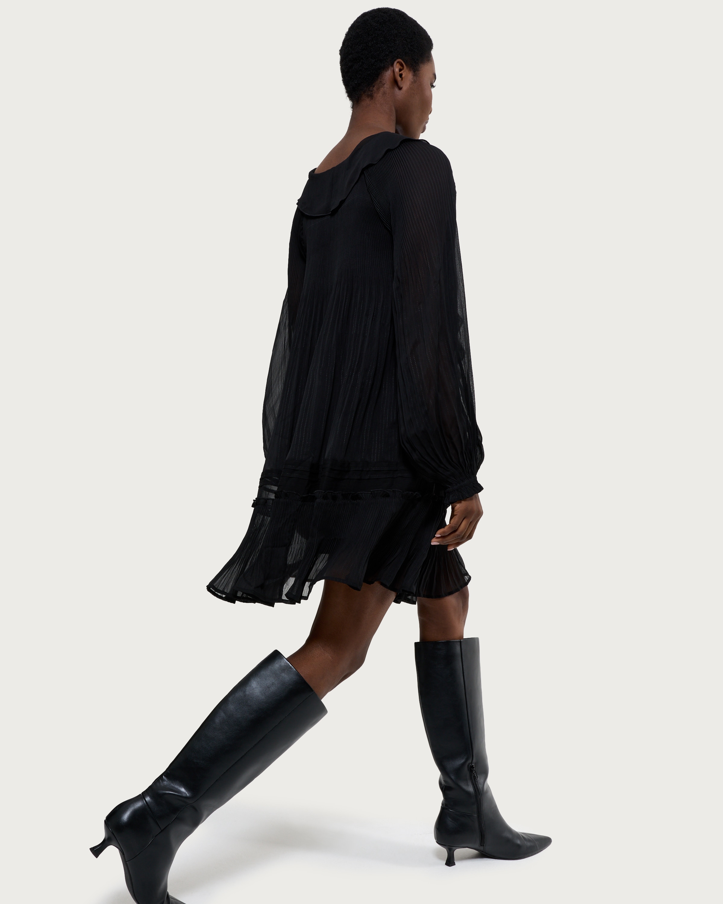 F&F Chiffon Pleated Long Sleeved Mini Dress in Black thumbnail 3