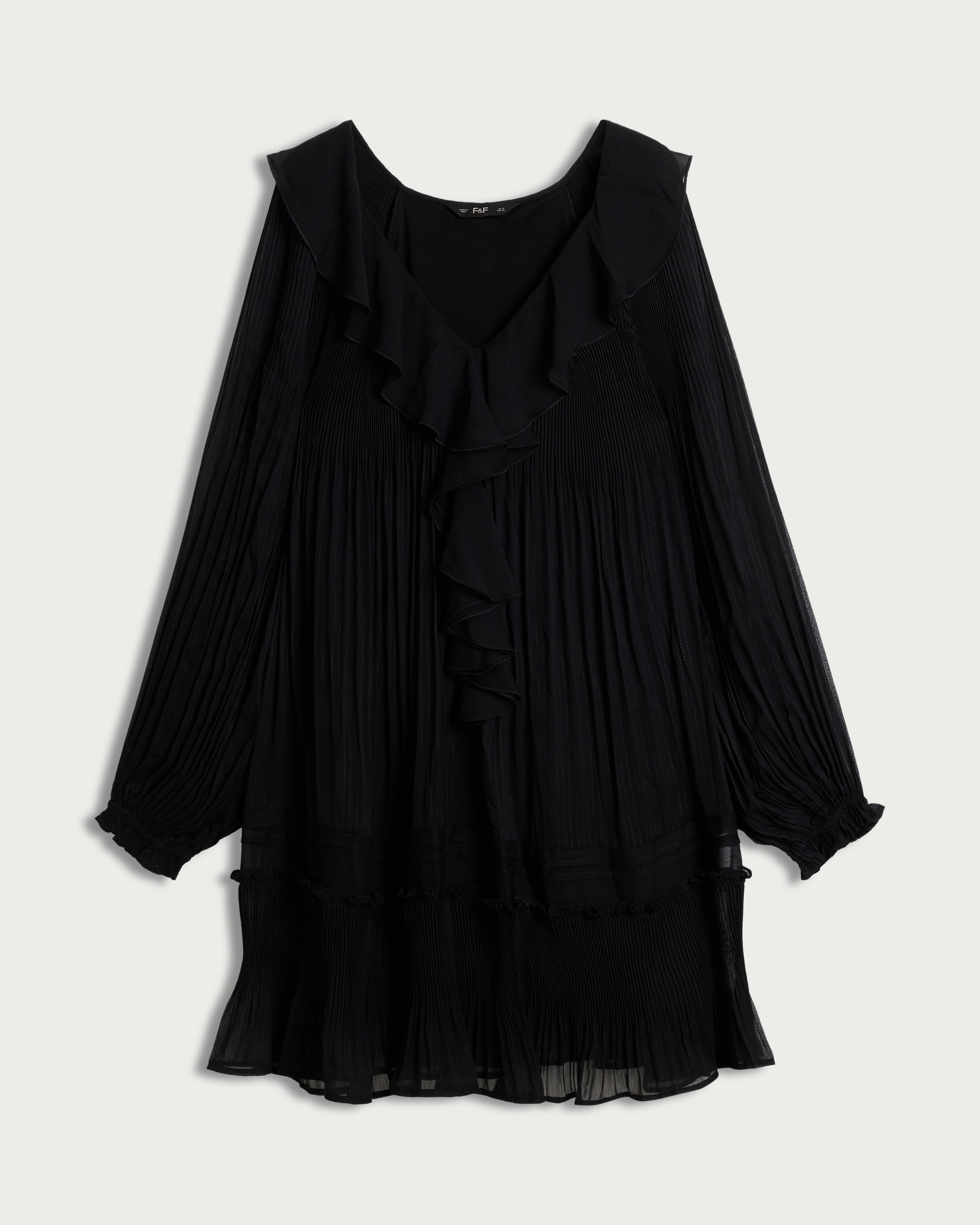 F&F Chiffon Pleated Long Sleeved Mini Dress in Black thumbnail 4