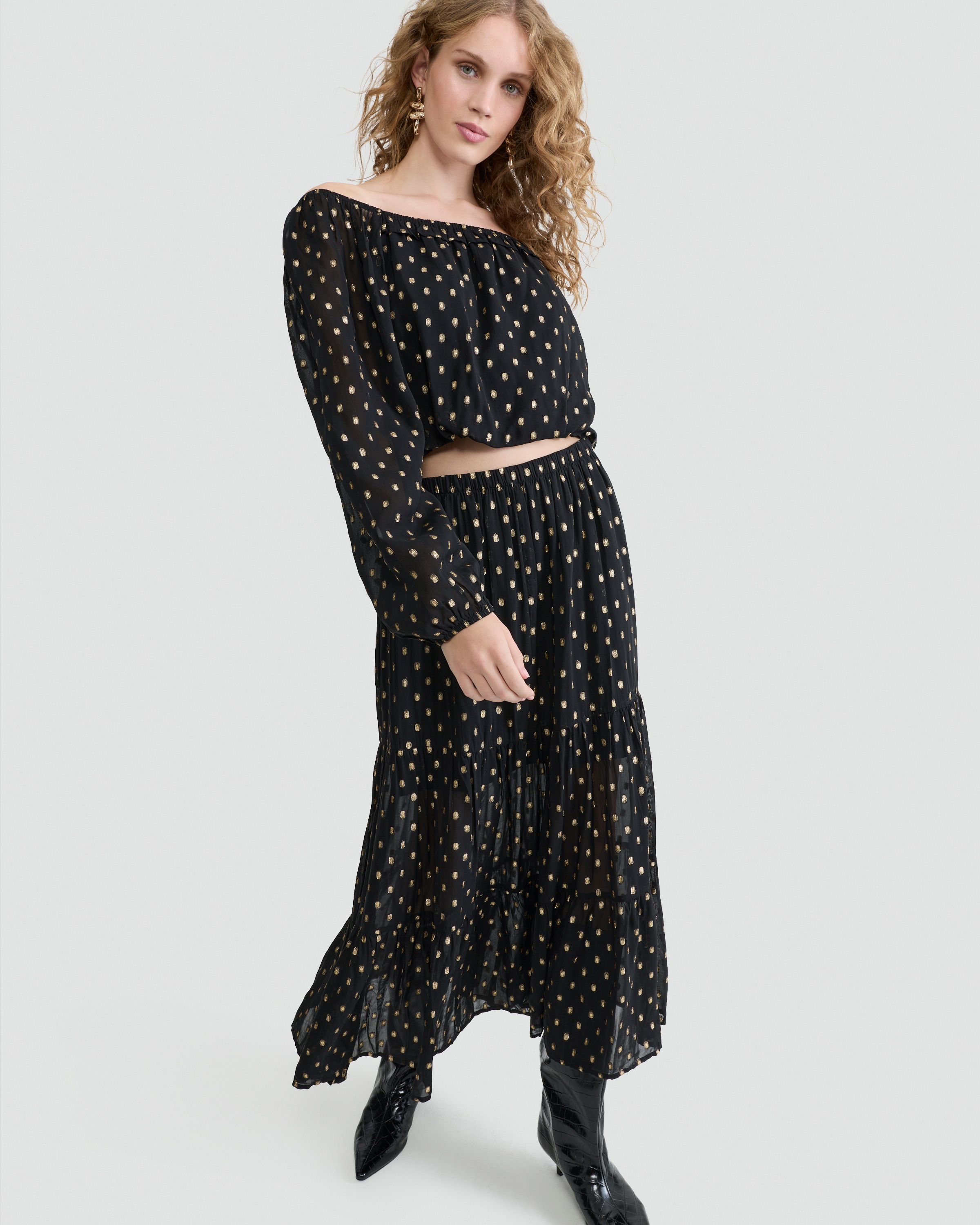 F&F Tiered Metallic Polka Dot Co-ord Midi Skirt in Black