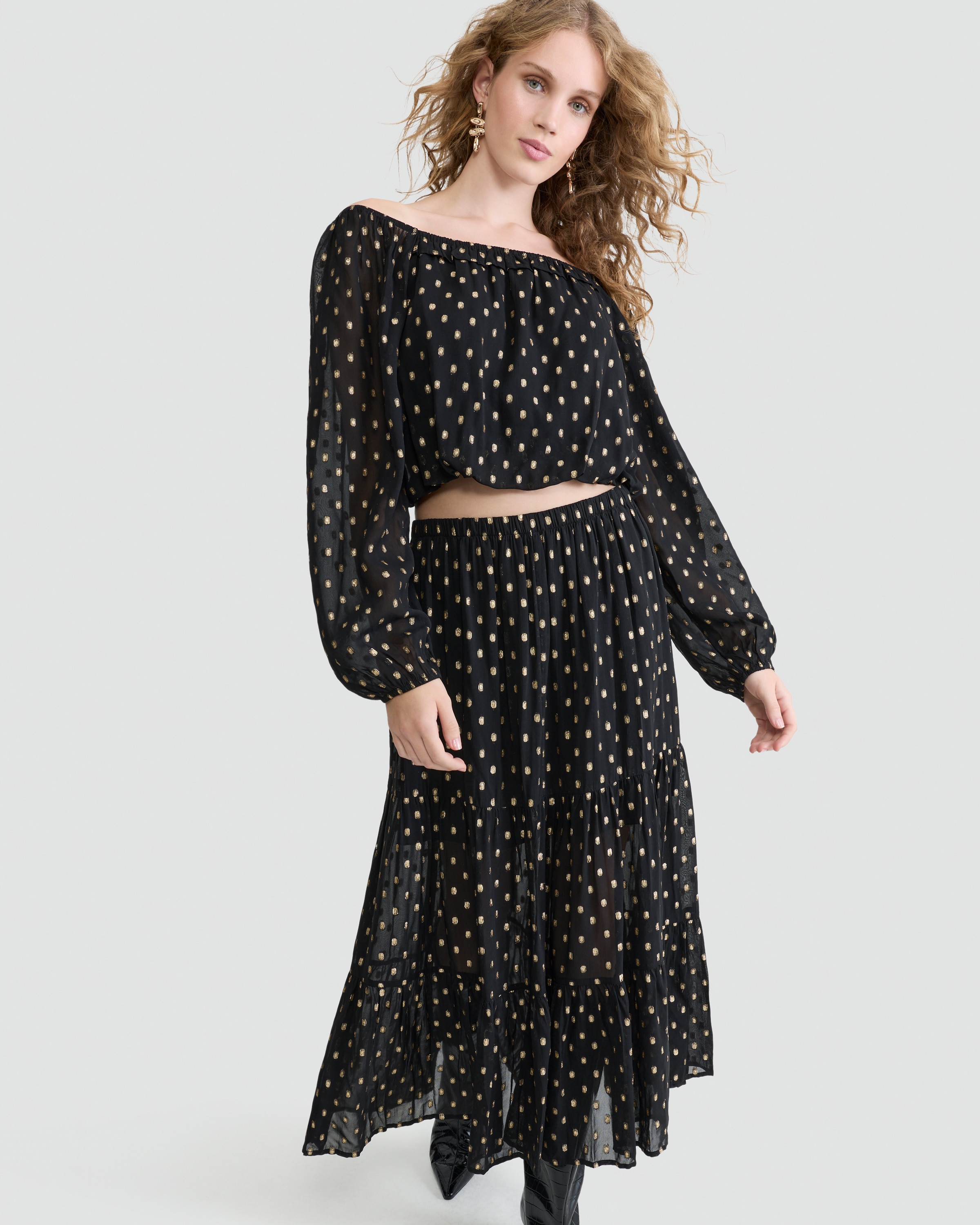 F&F Metallic Polka Dot Long Sleeved Co-ord Blouse in Black