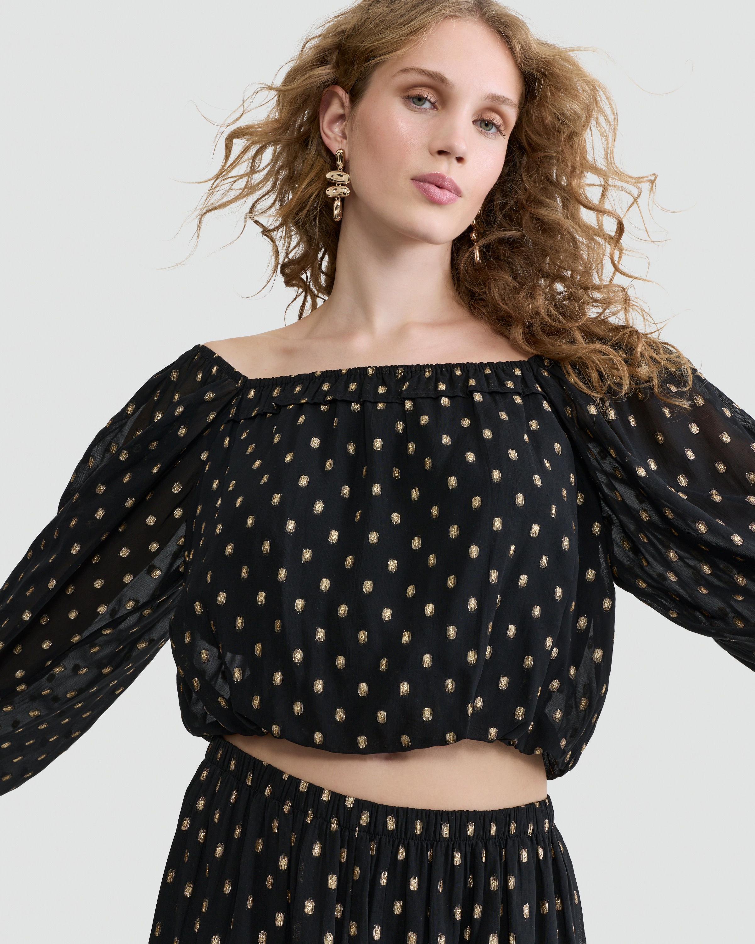 F&F Metallic Polka Dot Long Sleeved Co-ord Blouse in Black thumbnail 2