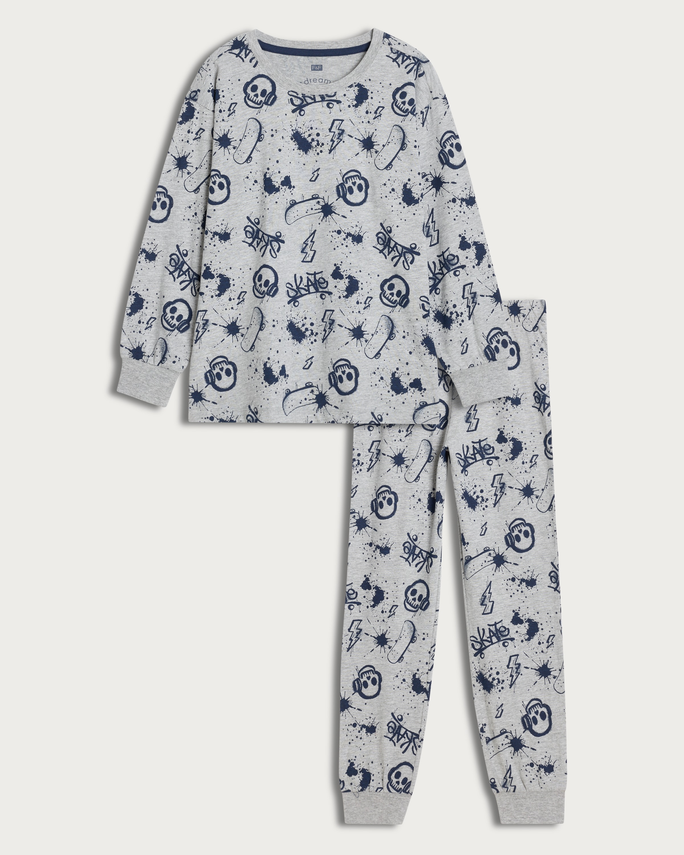 F&F Boys Cotton Rich Skateboard Print Pyjamas in Grey