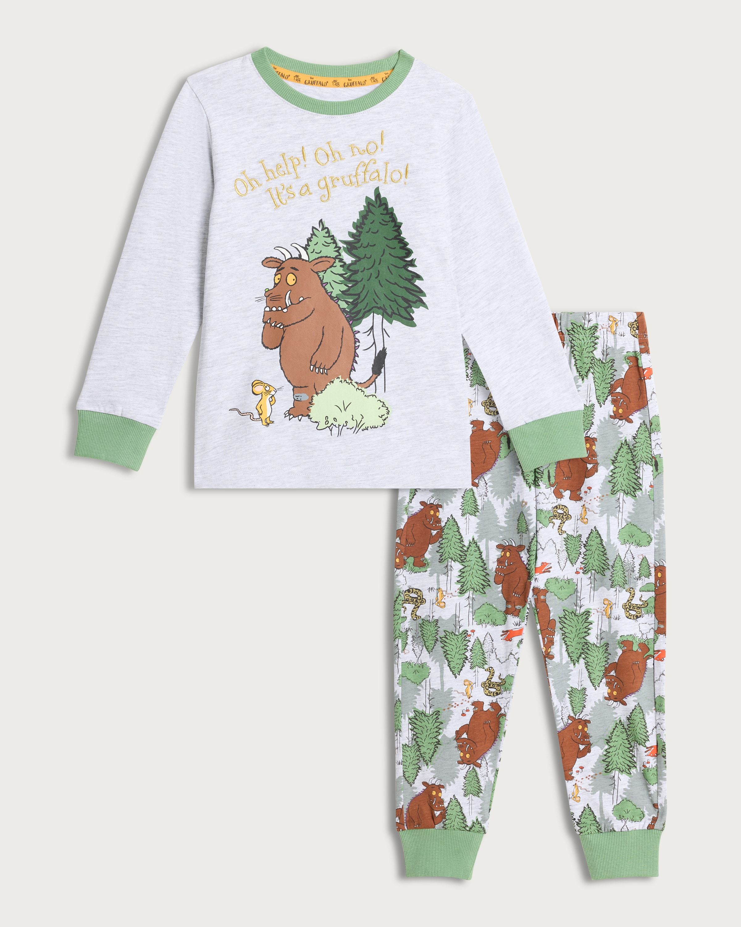 Gruffalo Print Cotton Rich Top and Bottoms Pyjama Set in Grey