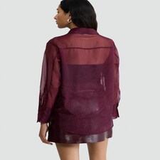 F&F Organza Button Up Long Sleeved Shirt in Burgundy thumbnail 3