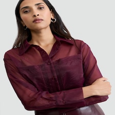 F&F Organza Button Up Long Sleeved Shirt in Burgundy thumbnail 4