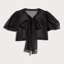 The F&F Edit Organza Puff Sleeved Bow Accent Blouse in Black thumbnail 4