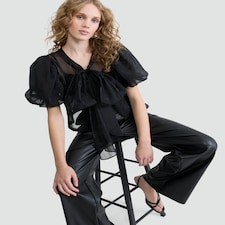 The F&F Edit Organza Puff Sleeved Bow Accent Blouse in Black
