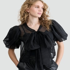 The F&F Edit Organza Puff Sleeved Bow Accent Blouse in Black thumbnail 2