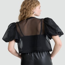 The F&F Edit Organza Puff Sleeved Bow Accent Blouse in Black thumbnail 3