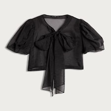 The F&F Edit Organza Puff Sleeved Bow Accent Blouse in Black thumbnail 4