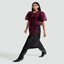 F&F Sheer Puff Sleeved Bow Front Blouse in Burgundy thumbnail 2