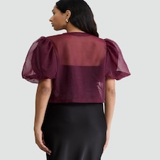 F&F Sheer Puff Sleeved Bow Front Blouse in Burgundy thumbnail 3