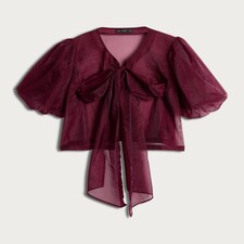 F&F Sheer Puff Sleeved Bow Front Blouse in Burgundy thumbnail 4