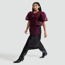 F&F Sheer Puff Sleeved Bow Front Blouse in Burgundy thumbnail 2