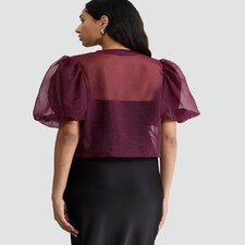 F&F Sheer Puff Sleeved Bow Front Blouse in Burgundy thumbnail 3