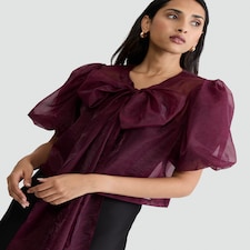 F&F Sheer Puff Sleeved Bow Front Blouse in Burgundy