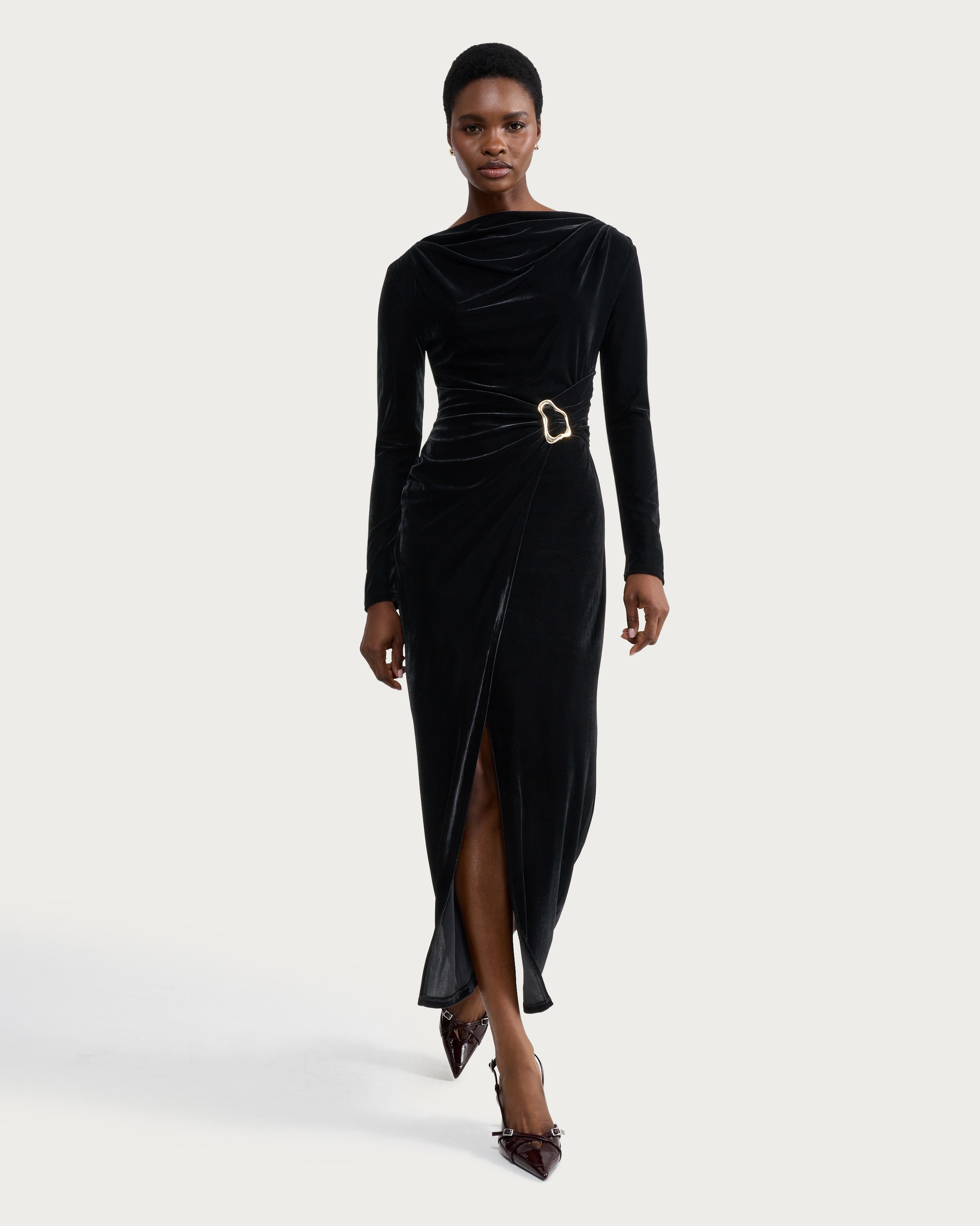 F&F Velvet Gold Buckle Long Sleeved Midi Dress in Black