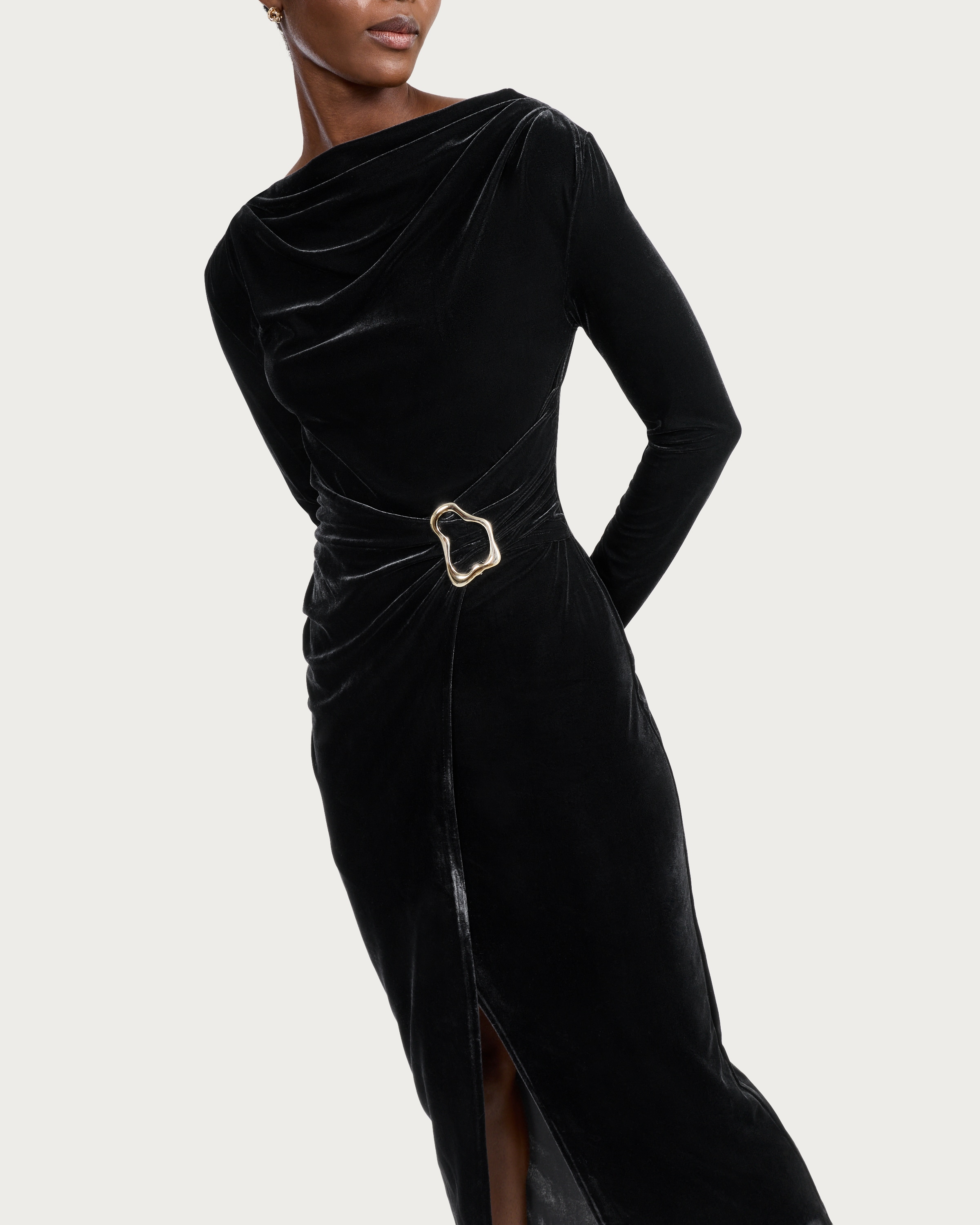 F&F Velvet Gold Buckle Long Sleeved Midi Dress in Black thumbnail 2