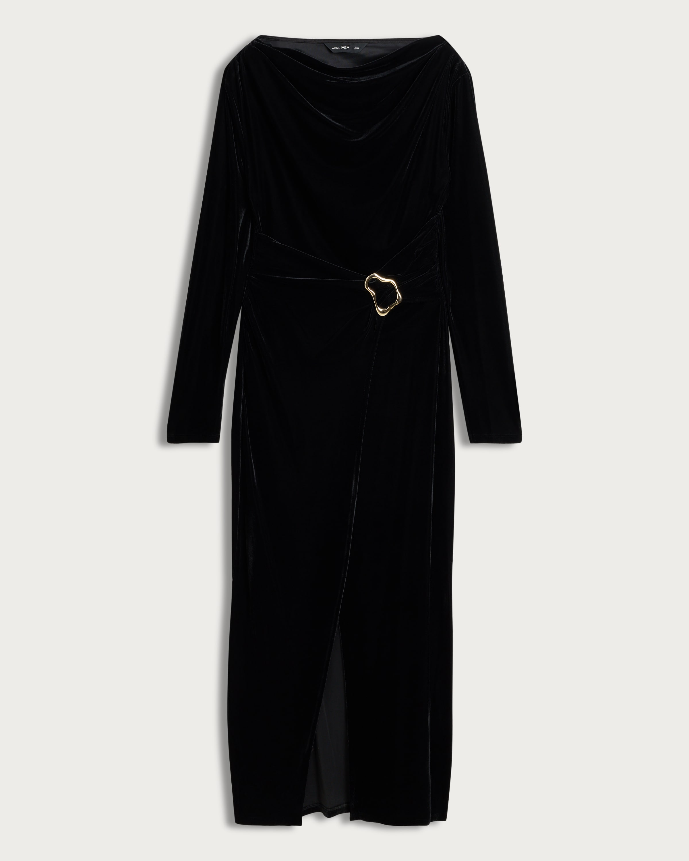 F&F Velvet Gold Buckle Long Sleeved Midi Dress in Black thumbnail 4