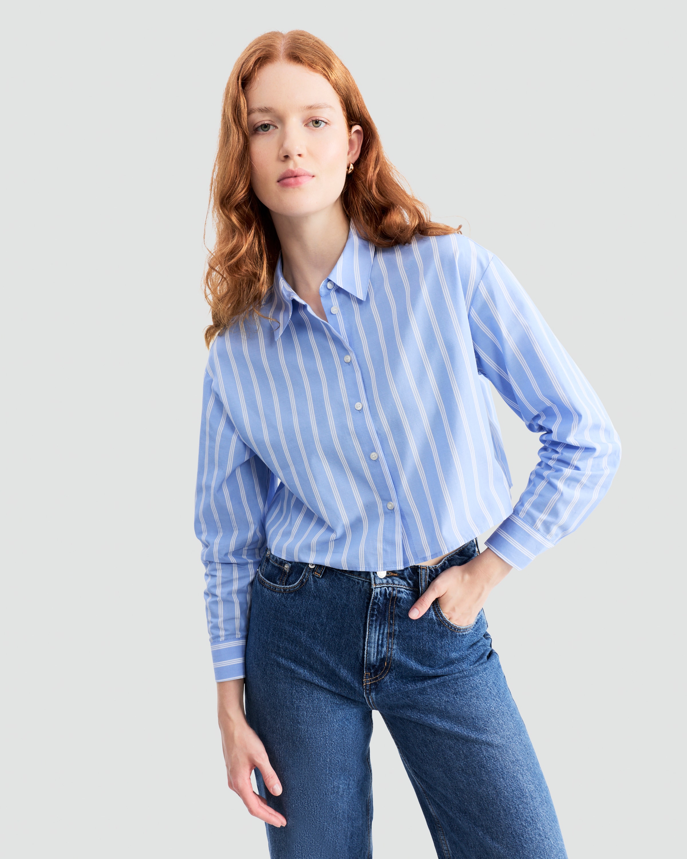 F&F Pure Cotton Stripe Cropped Shirt in Multi Blue
