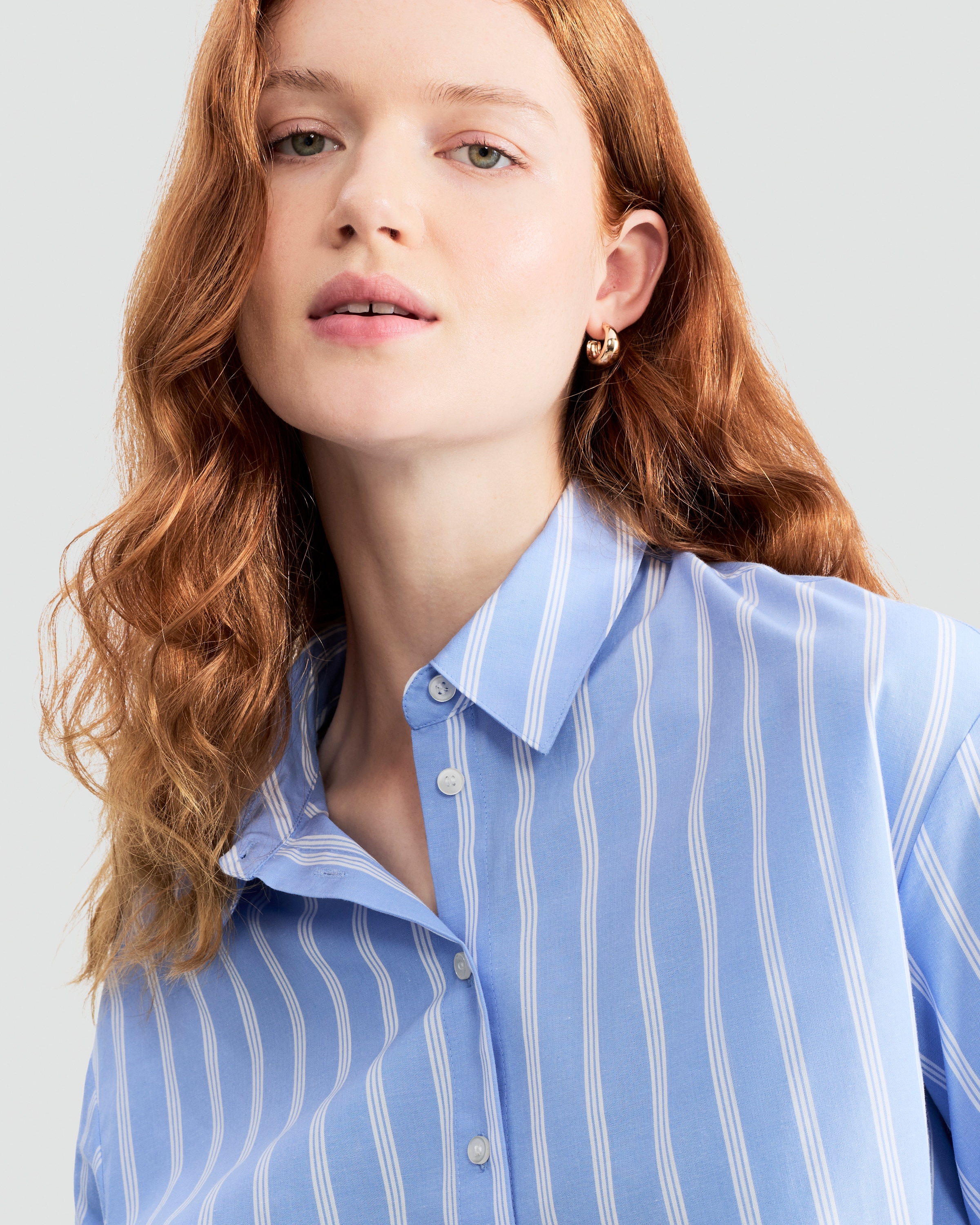 F&F Pure Cotton Stripe Cropped Shirt in Multi Blue thumbnail 2