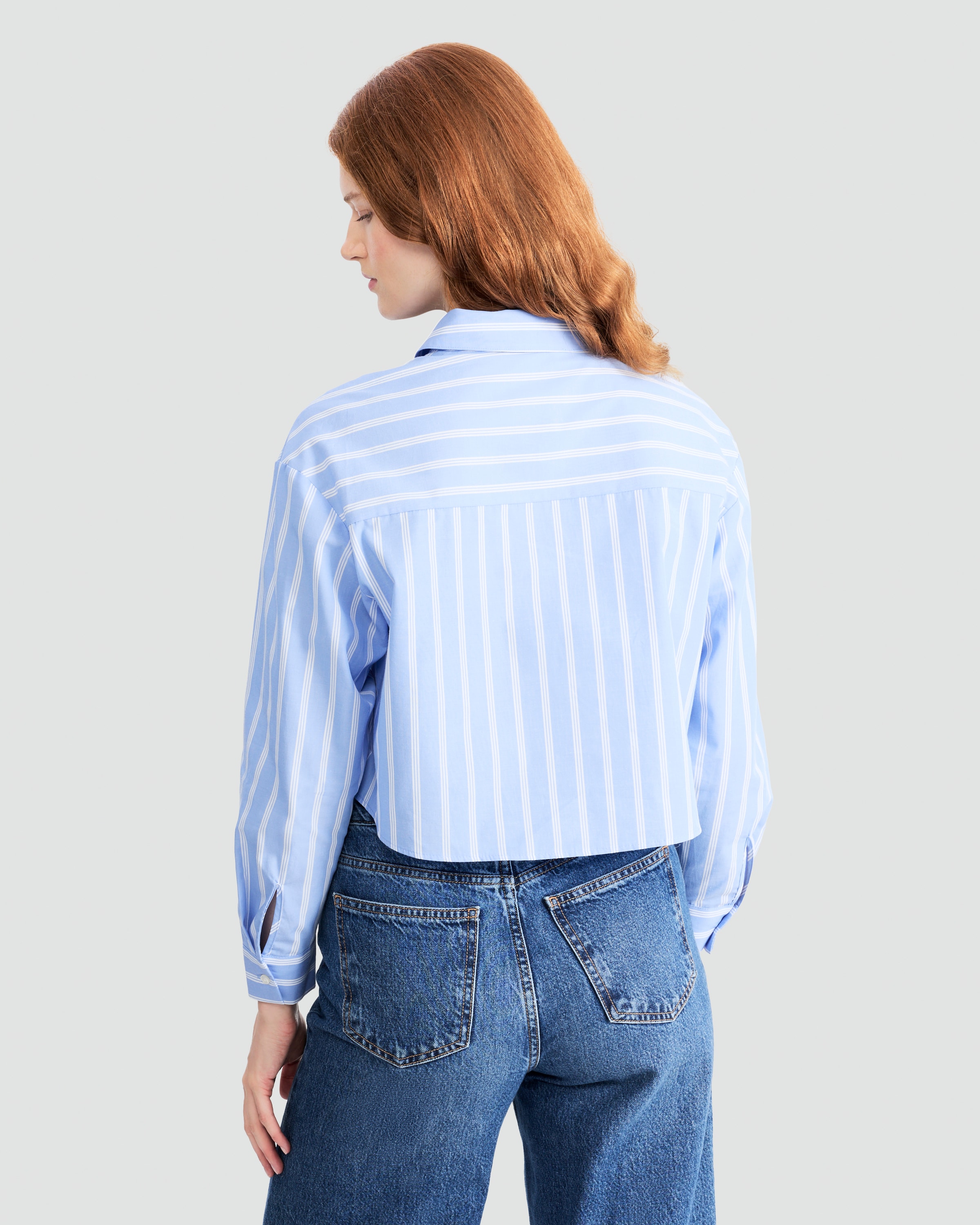 F&F Pure Cotton Stripe Cropped Shirt in Multi Blue thumbnail 3