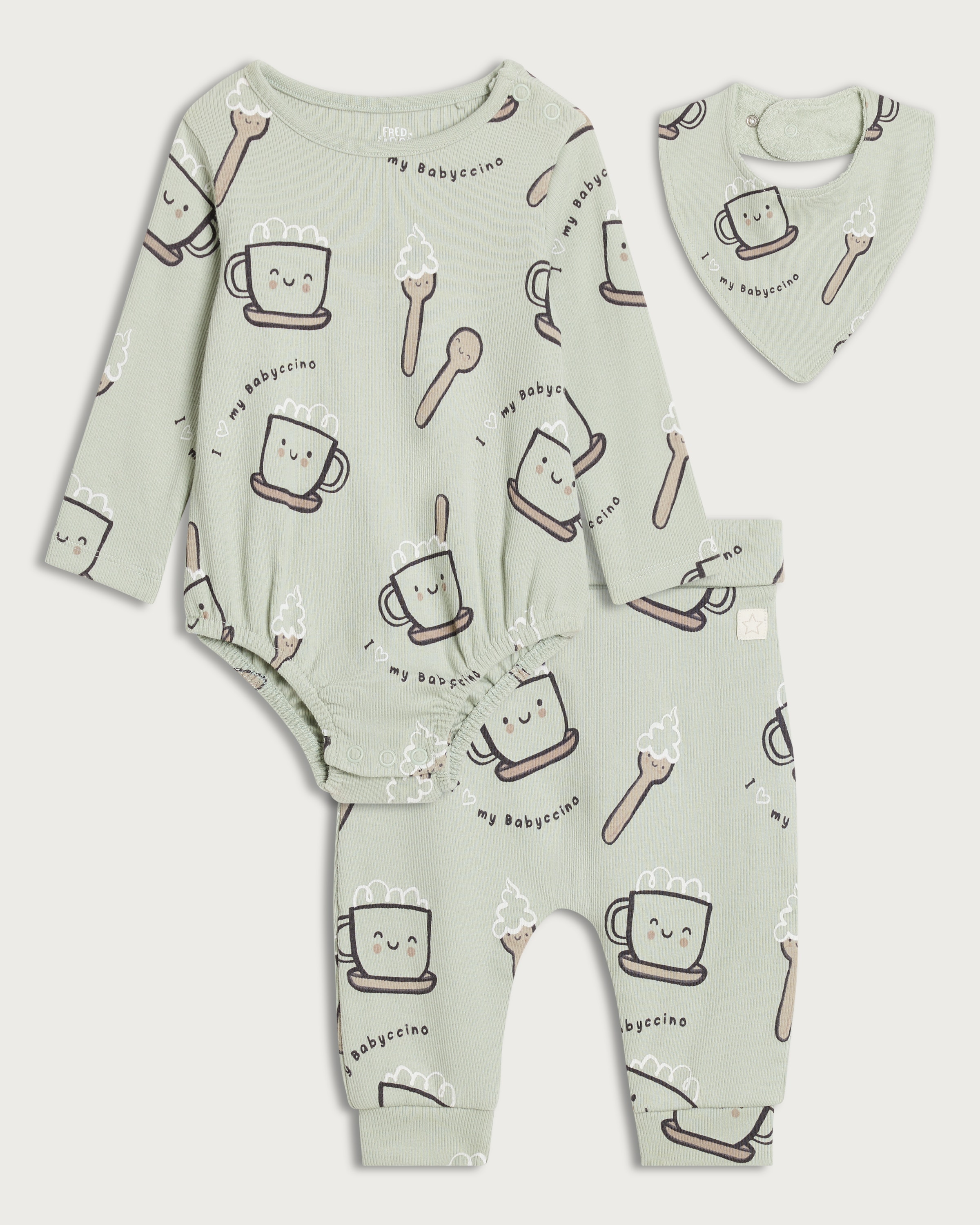 F&F Baby 3-Piece Cotton Rich Babyccino Bodysuit, Legging and Bib Set in Green