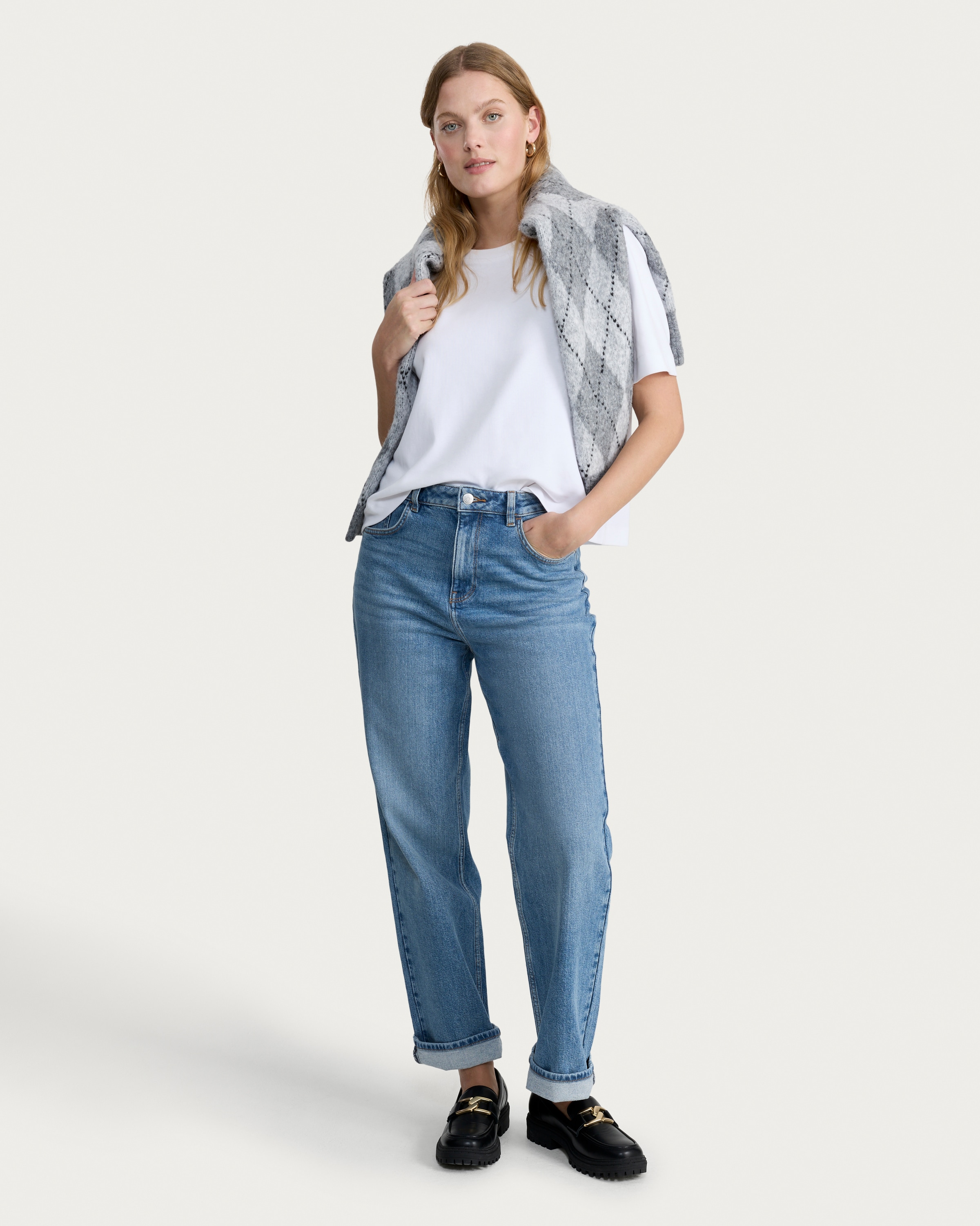The F&F Edit High Rise Straight Leg Jeans in Blue