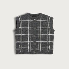 F&F Knitted Check Print Button Up Vest with Wool in Grey thumbnail 4