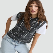 F&F Knitted Check Print Button Up Vest with Wool in Grey