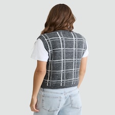 F&F Knitted Check Print Button Up Vest with Wool in Grey thumbnail 3