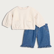F&F Baby 2-Piece Cotton Rich Jumper and Denim Trousers Set in Stone