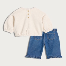 F&F Baby 2-Piece Cotton Rich Jumper and Denim Trousers Set in Stone thumbnail 2