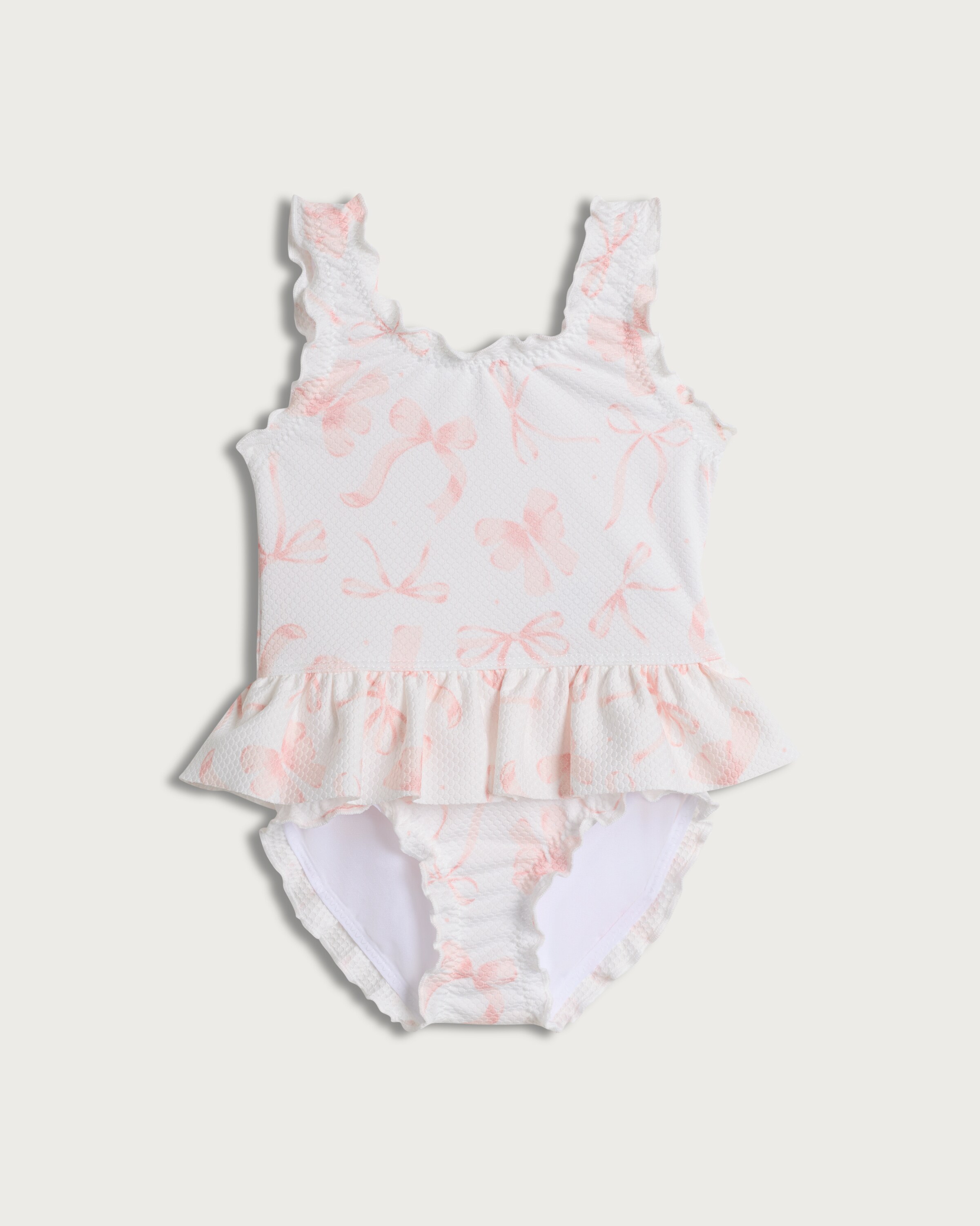 F&F Baby Textured Bow Print Frill Trim Swimsuit in Cream