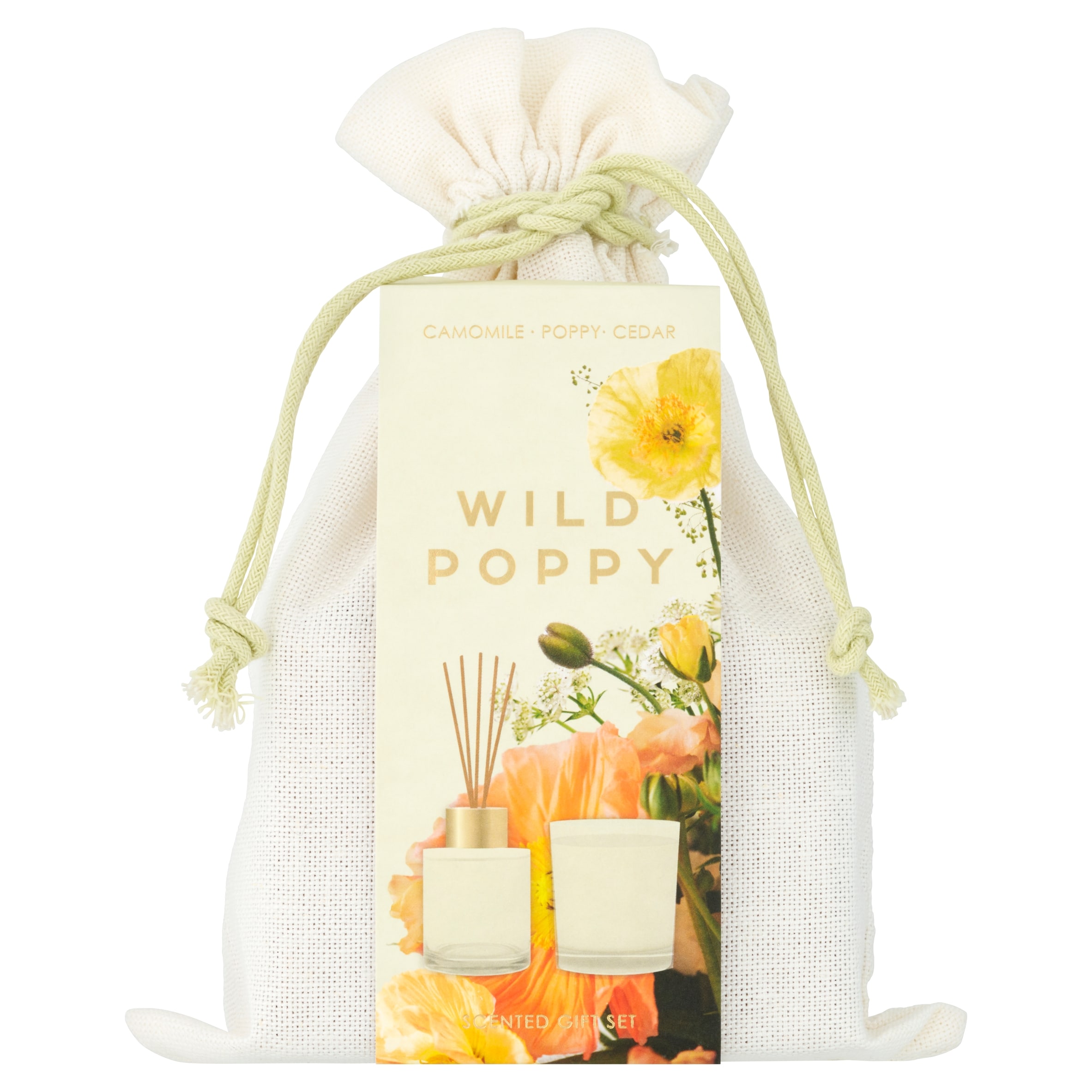 F&F Home Floral Bouquet Wild Poppy Drawstring Gift Set - 1 x 60g votive 1 x 40ml diffuser