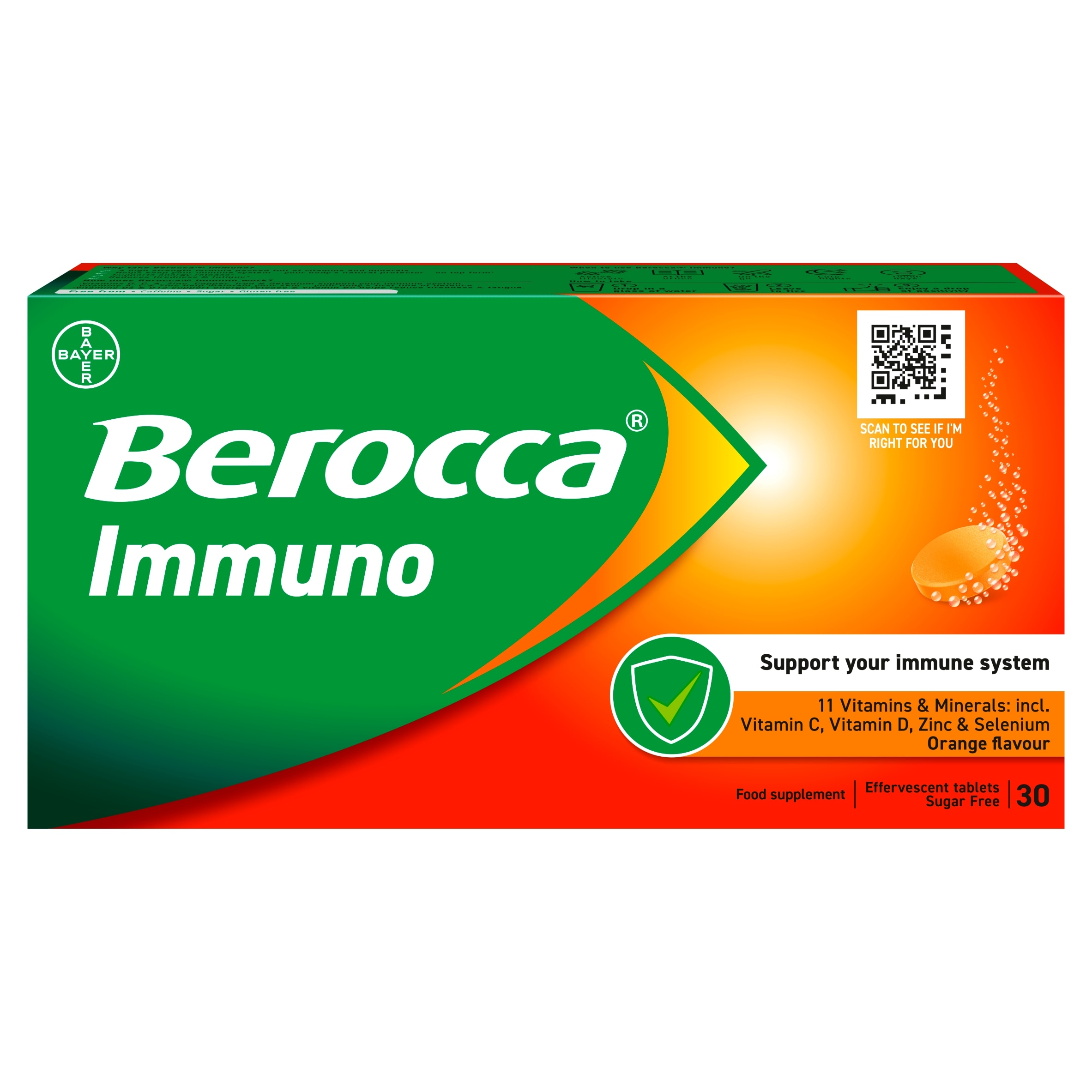 Berocca Immuno Orange Flavour Sugar Free 30 Effervescent Tablets