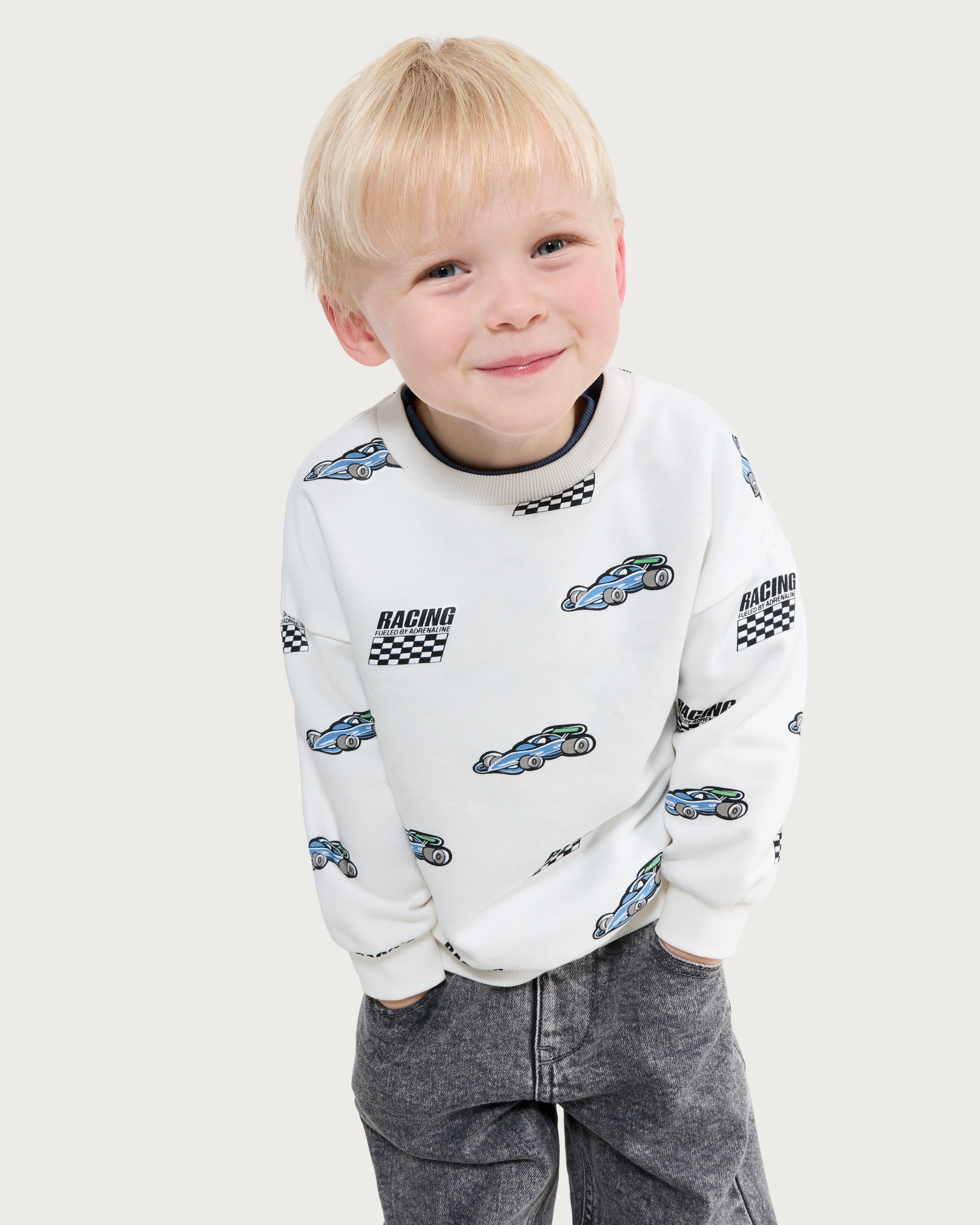F&F Boys Cotton Rich Racing Car Print Sweatshirt in Cream