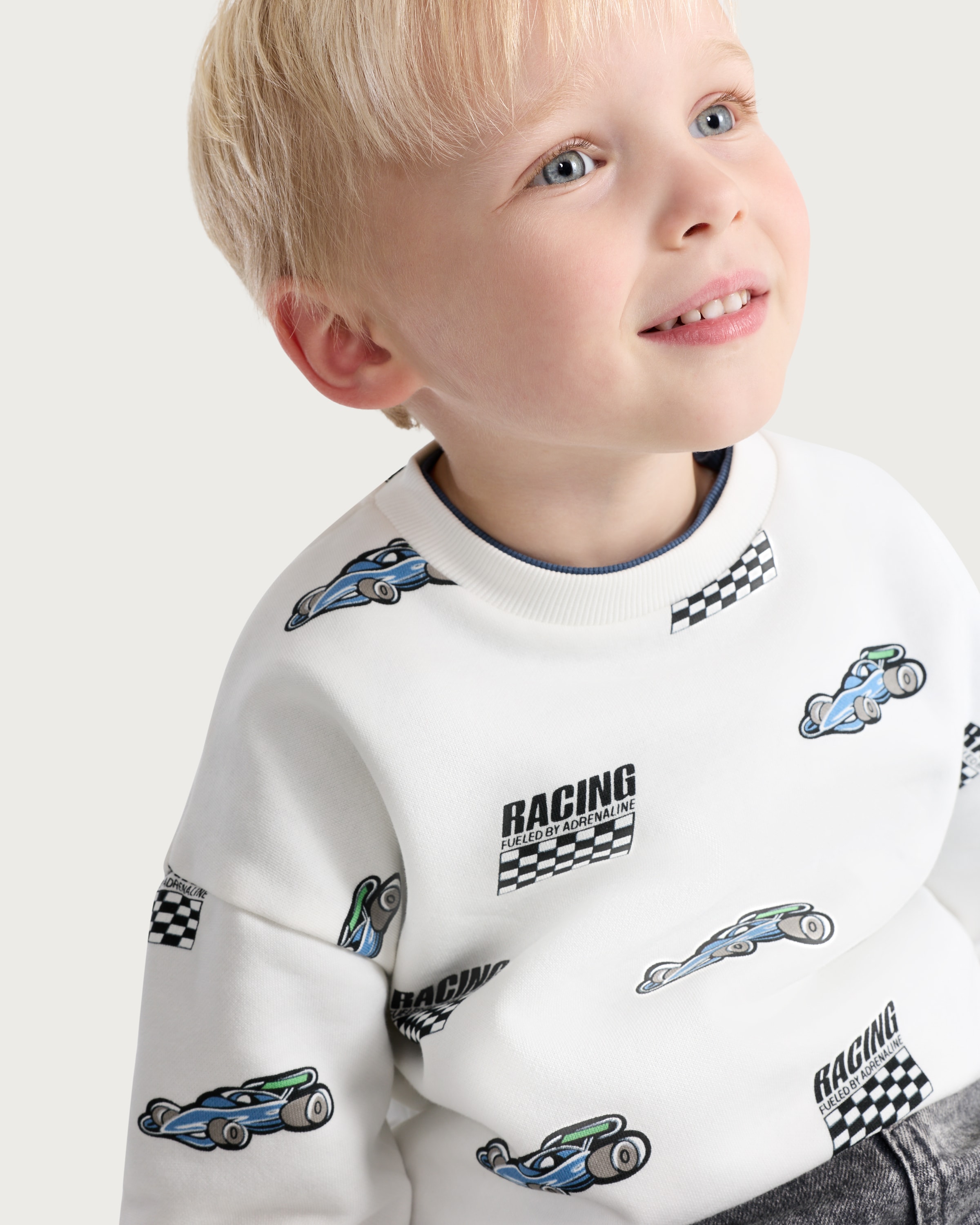 F&F Boys Cotton Rich Racing Car Print Sweatshirt in Cream thumbnail 2