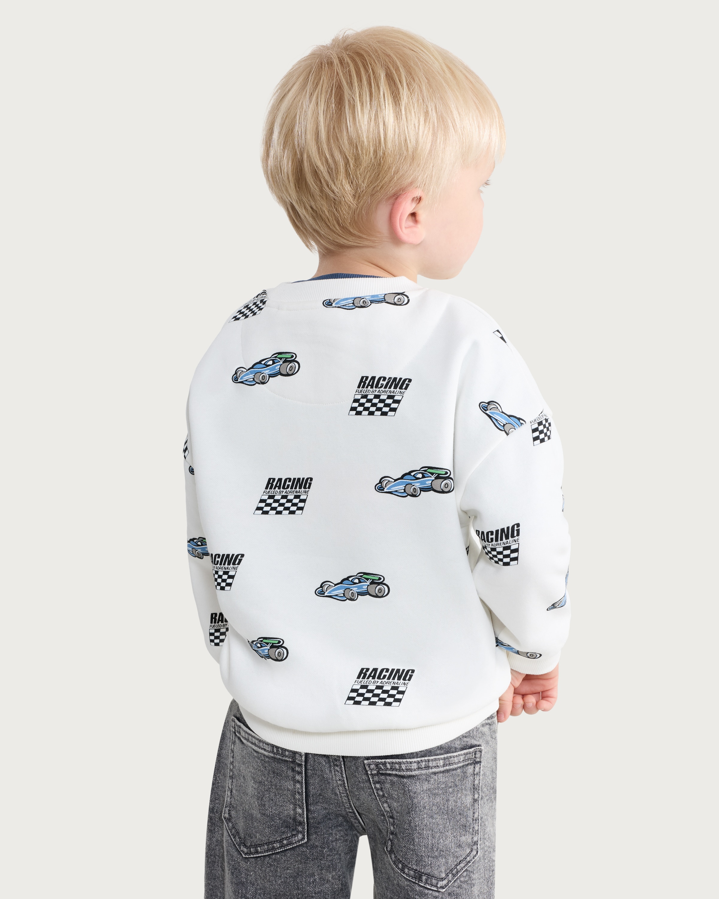 F&F Boys Cotton Rich Racing Car Print Sweatshirt in Cream thumbnail 3