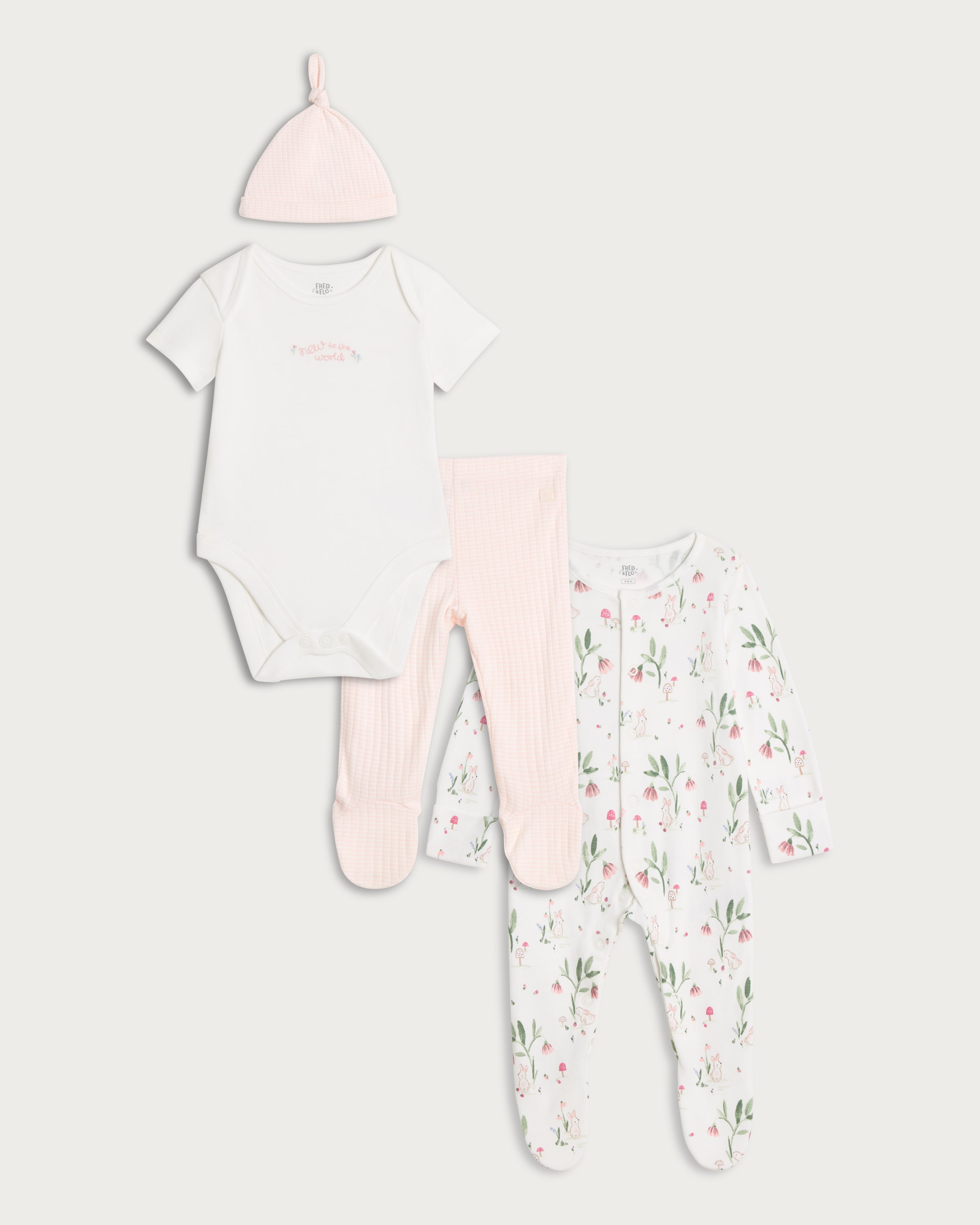 F&F Baby 4-Piece Pure Cotton Bunny Print Sleepsuit, Bodysuit, Legging and Hat Set in Pink