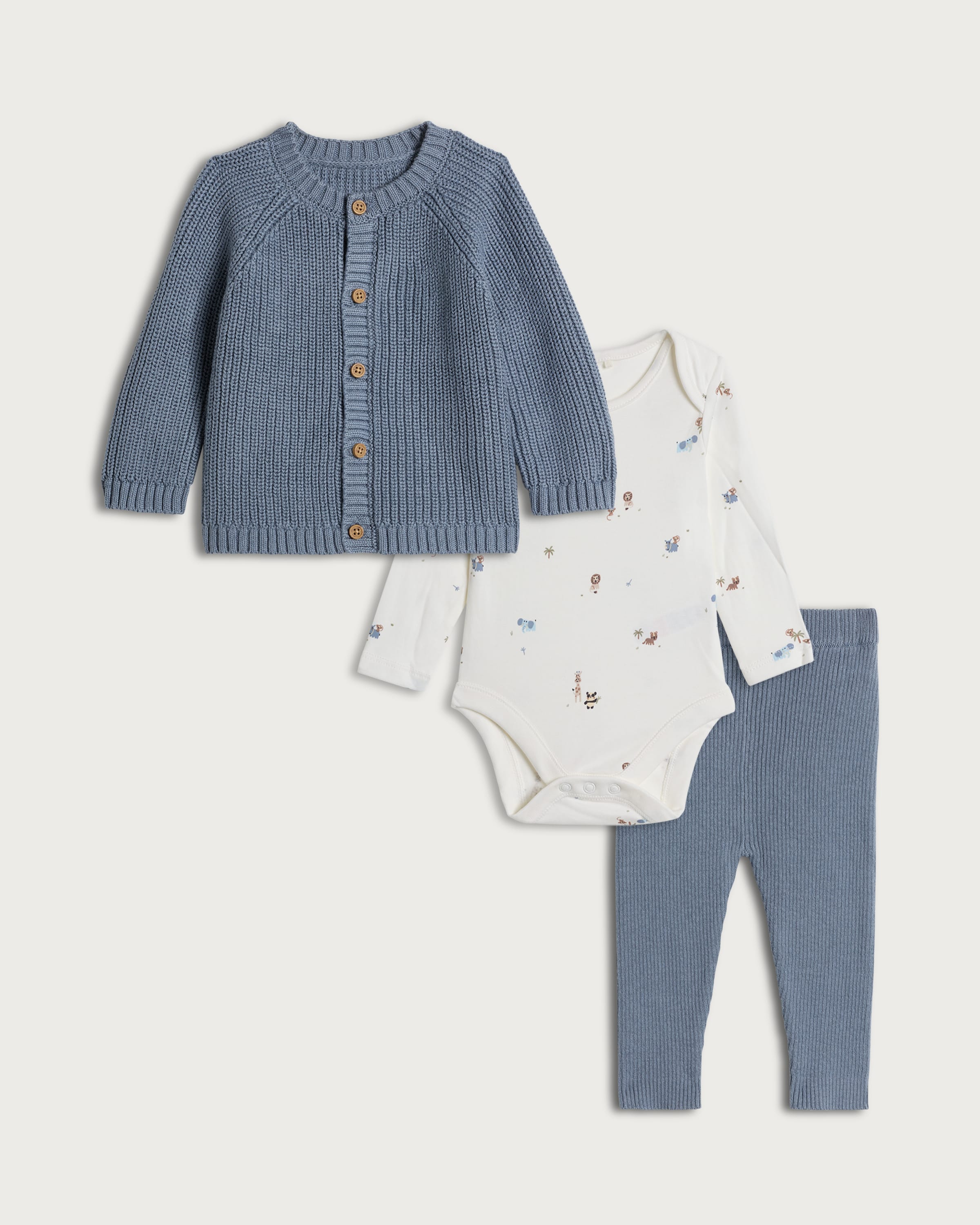 F&F Baby 3-Piece Pure Cotton Knitted Cardigan, Bodysuit and Leggings in Blue