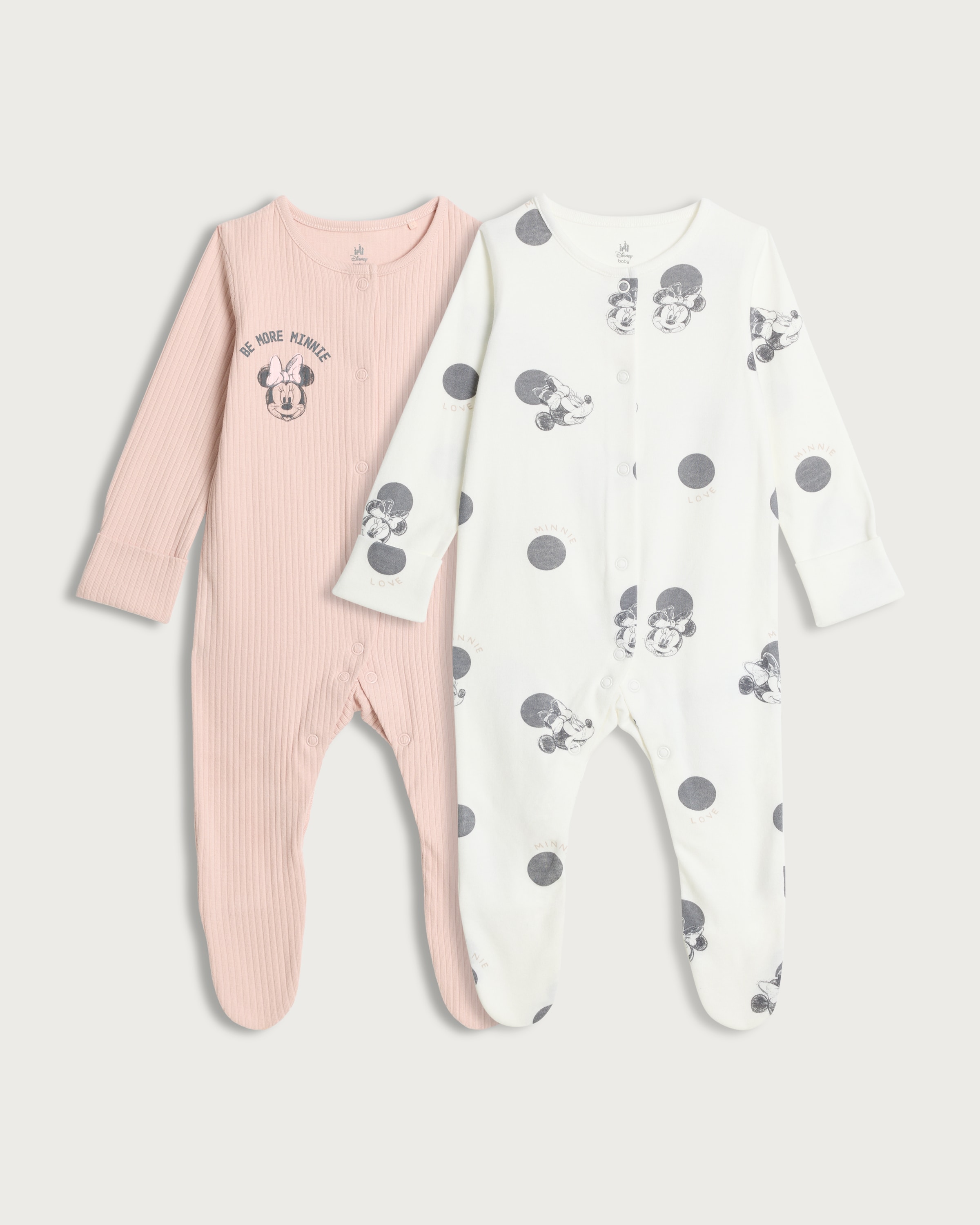 Disney Minnie Mouse 2-Pack Cotton Blend Ribbed Sleepsuits in Pink