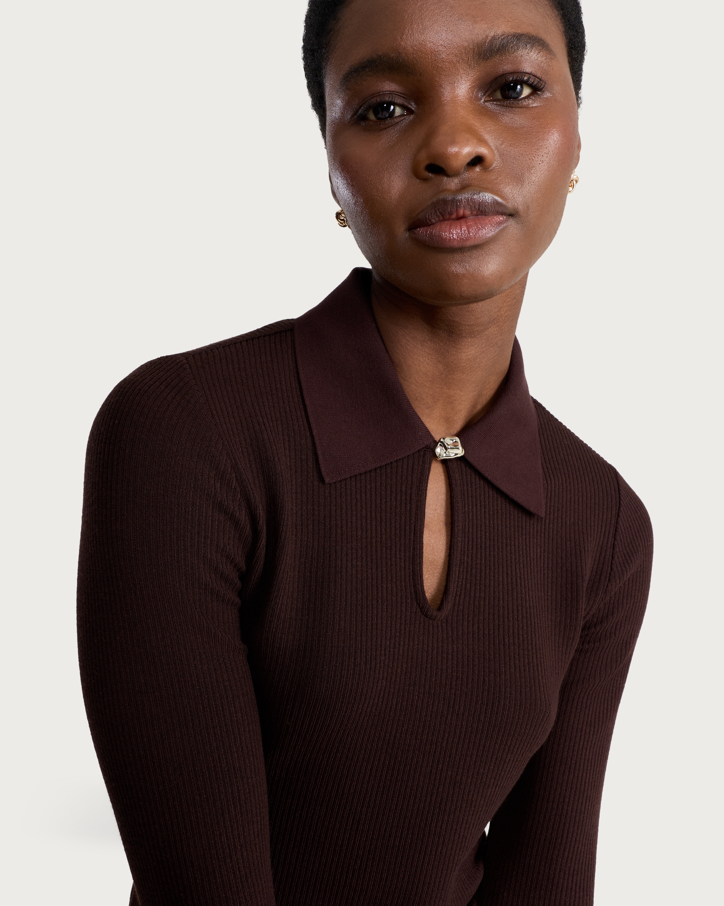 F&F Ribbed Keyhole Long Sleeved Top in Chocolate thumbnail 2