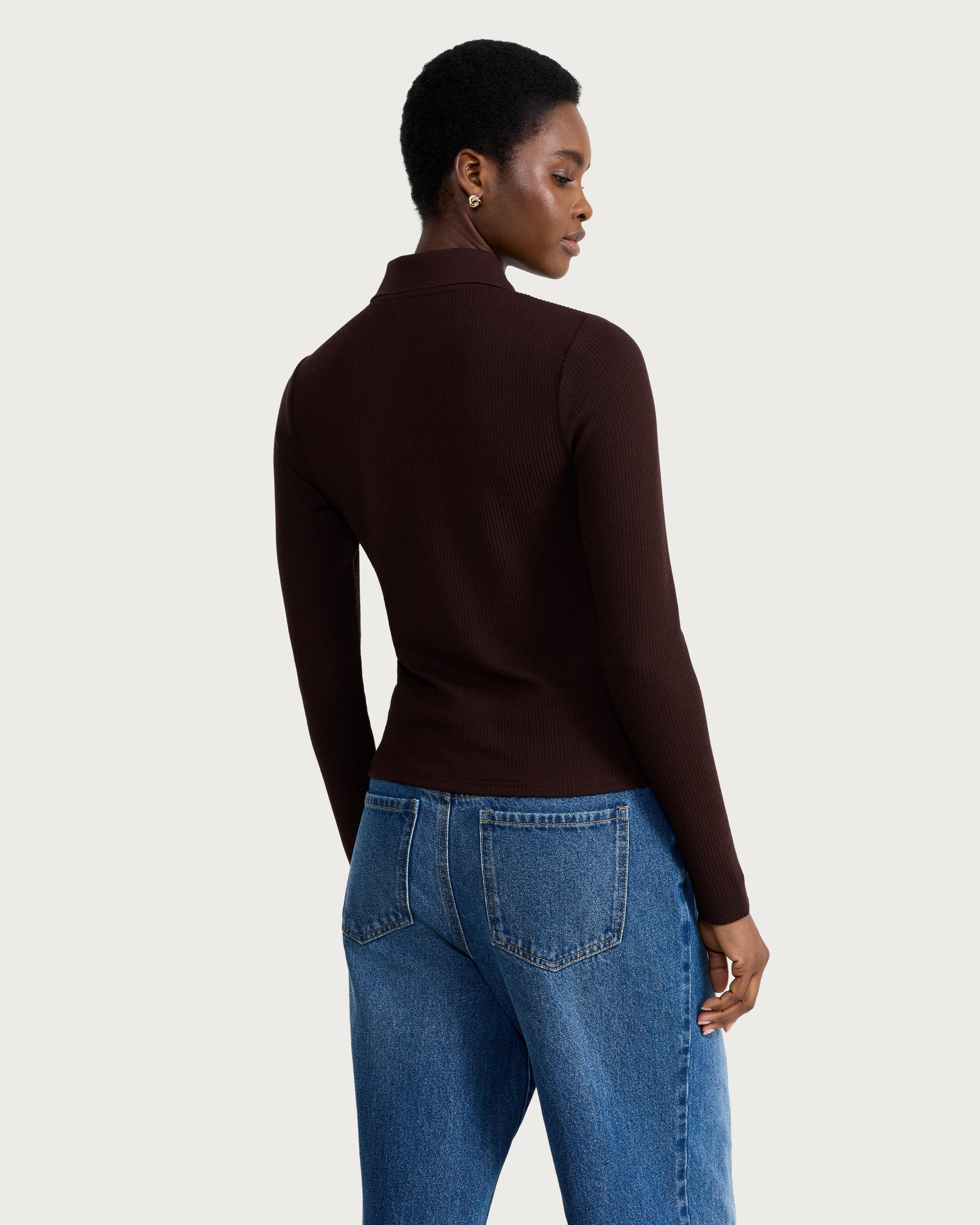 F&F Ribbed Keyhole Long Sleeved Top in Chocolate thumbnail 3