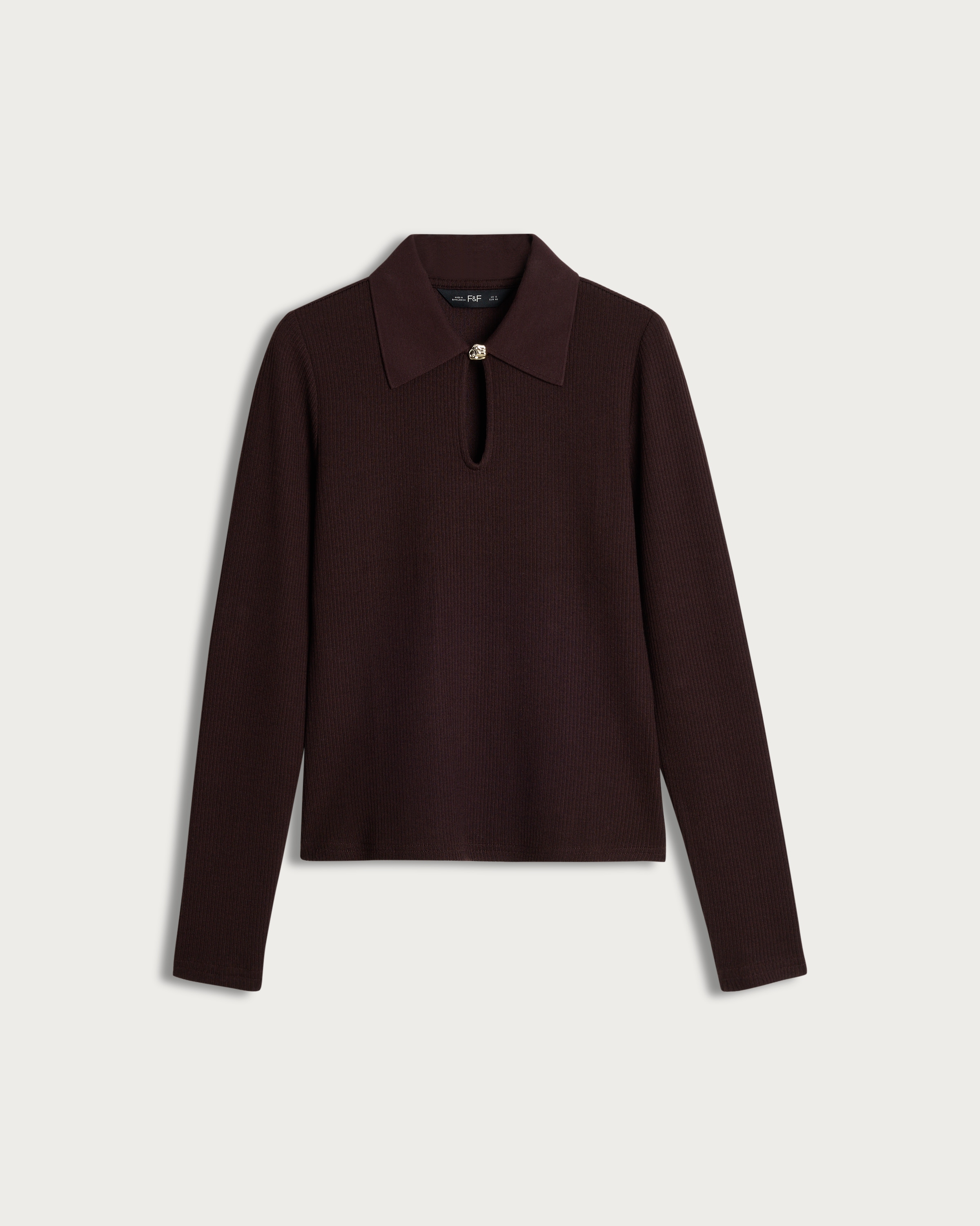 F&F Ribbed Keyhole Long Sleeved Top in Chocolate thumbnail 4