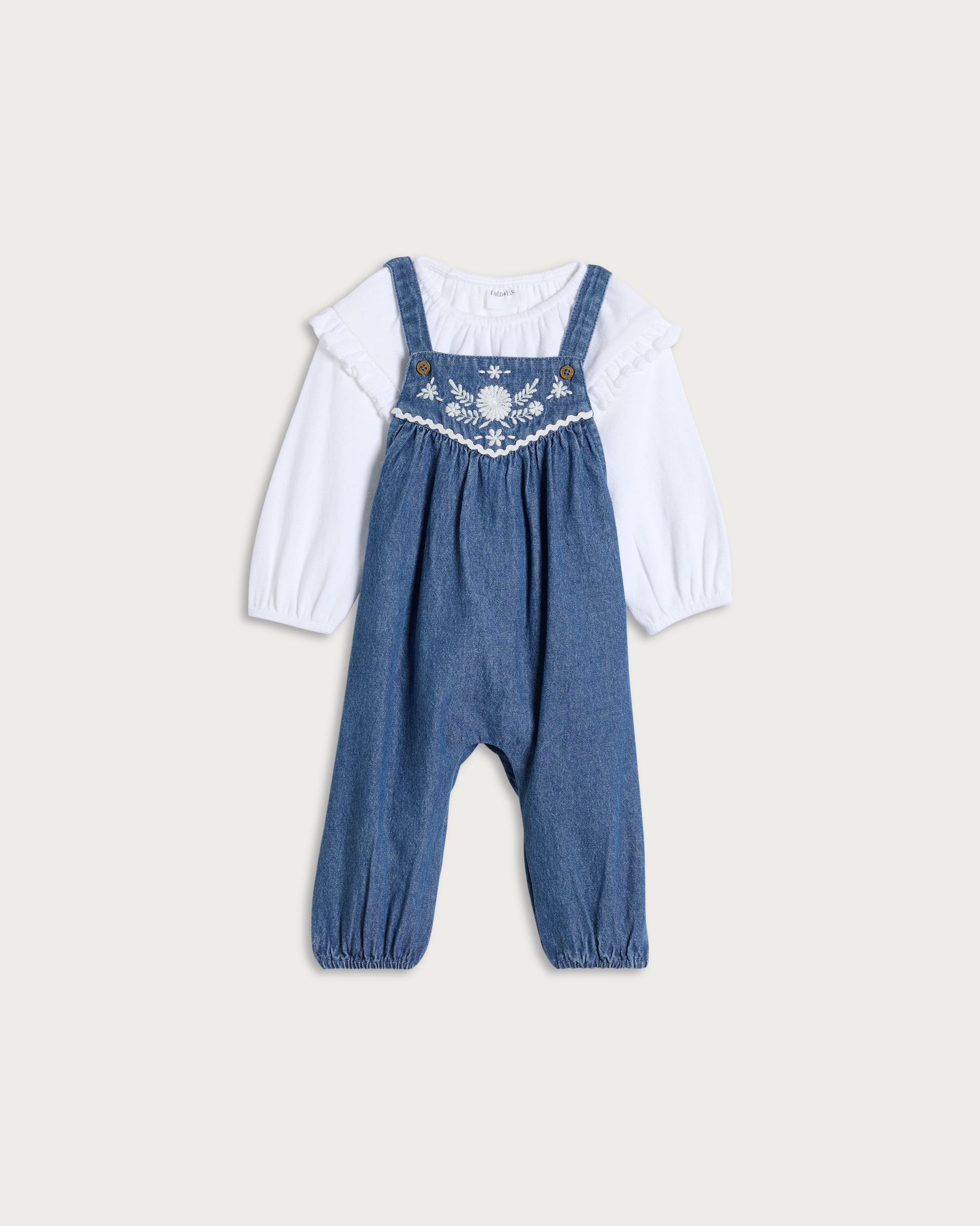 F&F Baby 2-Piece Embroidered Dungarees and Top Set  in Blue