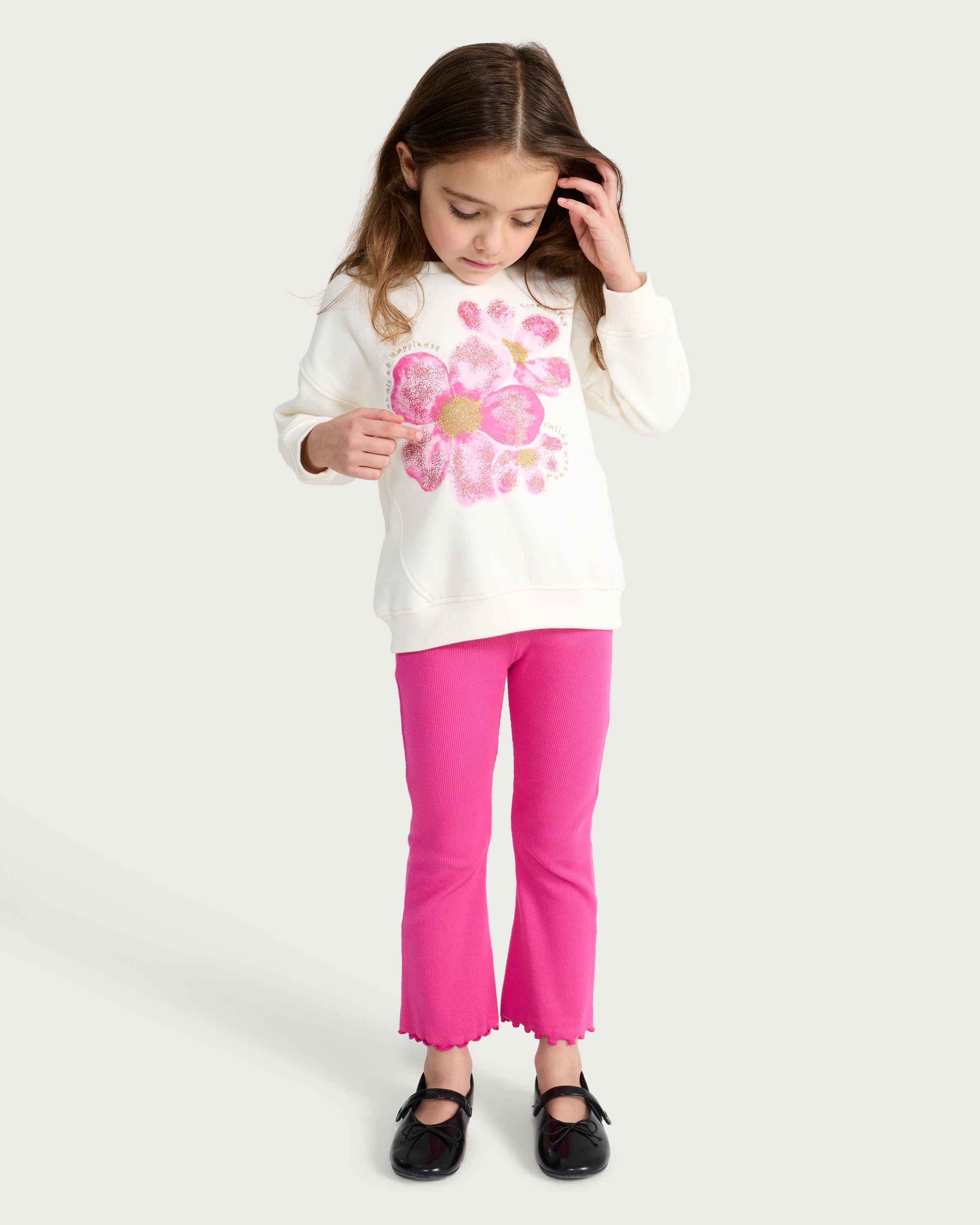 F&F Girls 2-Piece Cotton Rich Floral Print Sweatshirt and Ribbed Leggings Set in Multi Pink