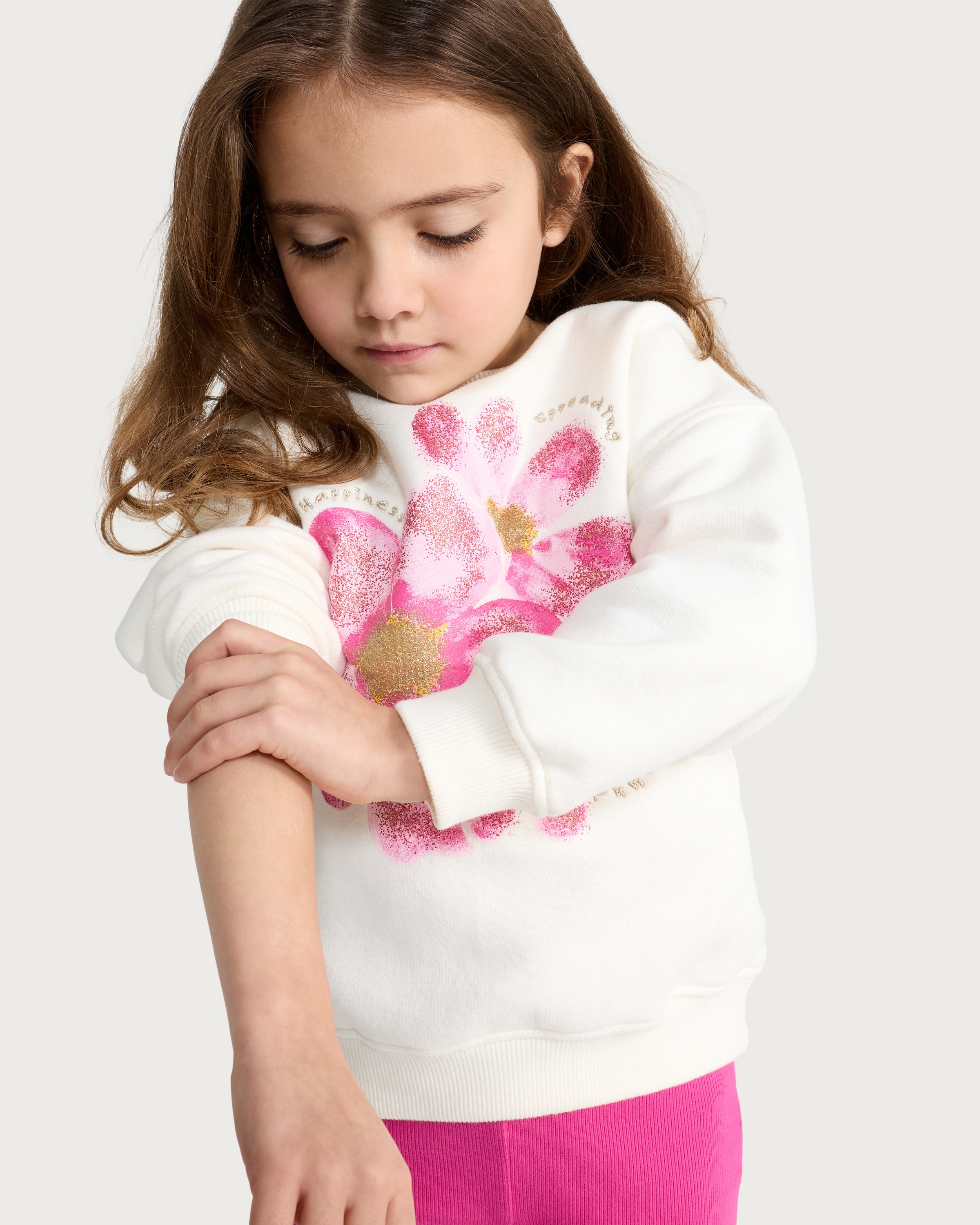 F&F Girls 2-Piece Cotton Rich Floral Print Sweatshirt and Ribbed Leggings Set in Multi Pink thumbnail 2