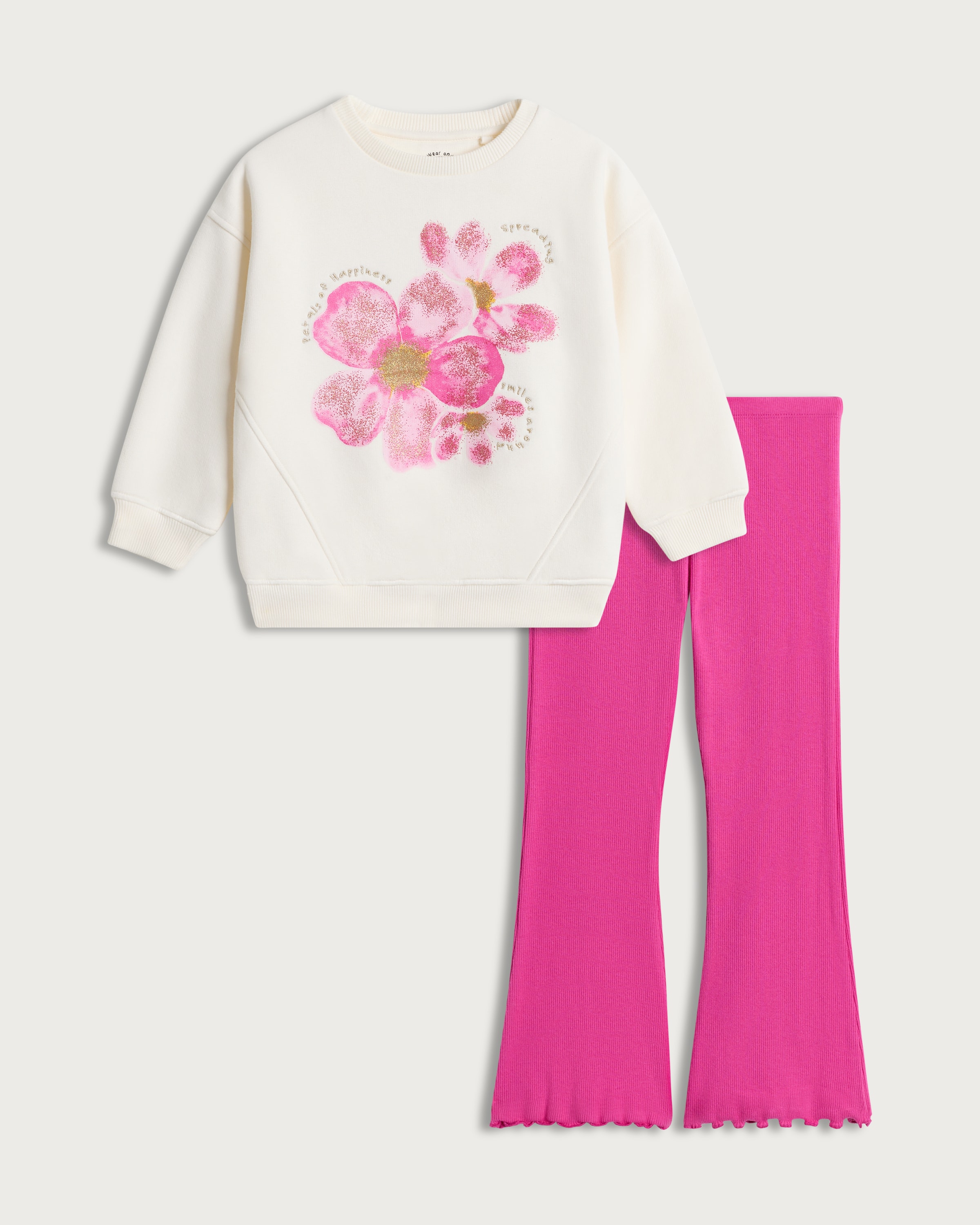 F&F Girls 2-Piece Cotton Rich Floral Print Sweatshirt and Ribbed Leggings Set in Multi Pink thumbnail 4