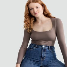 F&F Polyamide Square Neck Long Sleeved Bodysuit in Tan thumbnail 2